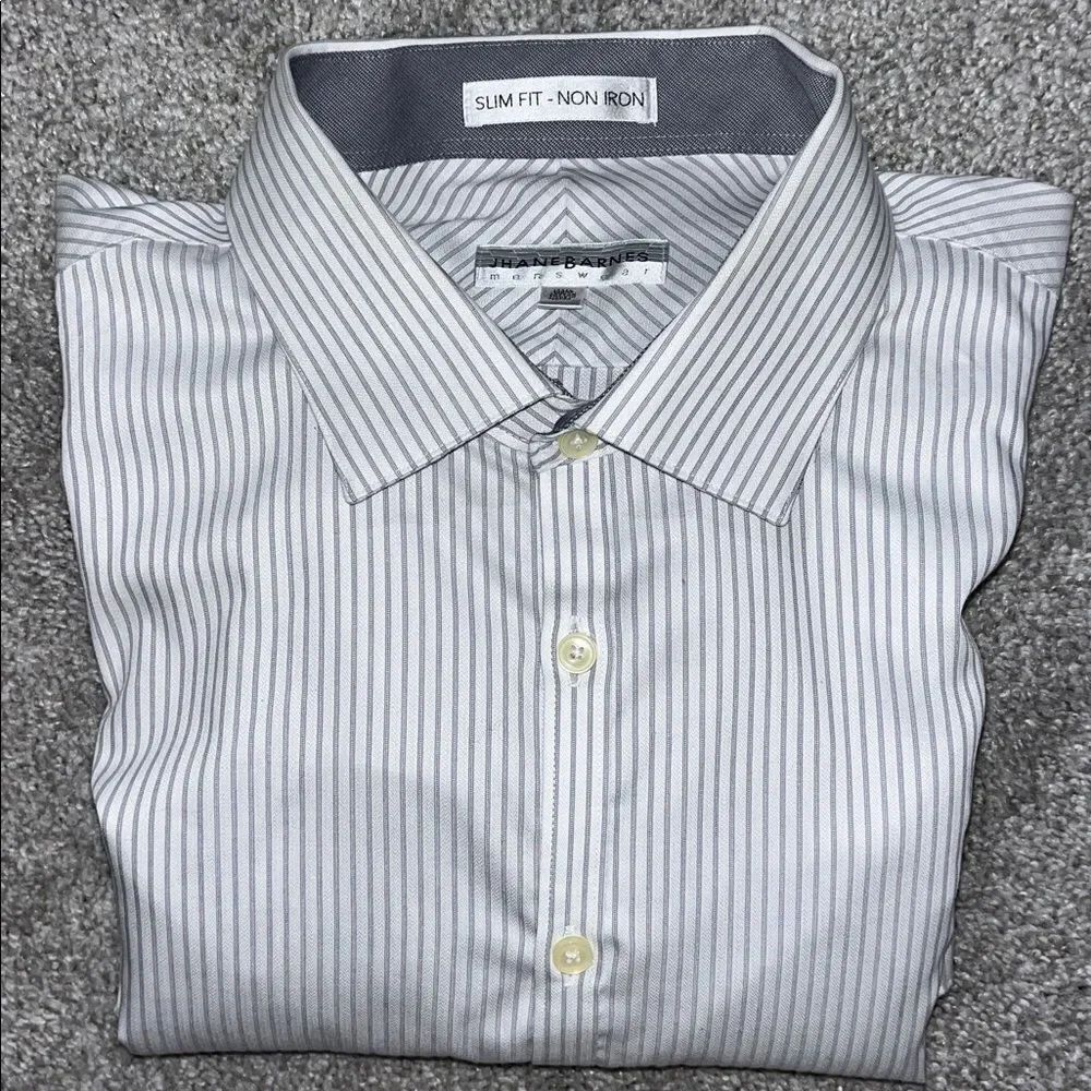 Jhane Barnes White Gray Pinstripe Big Man Stripe Dress Work Shirt 18 1/2 x 34/35